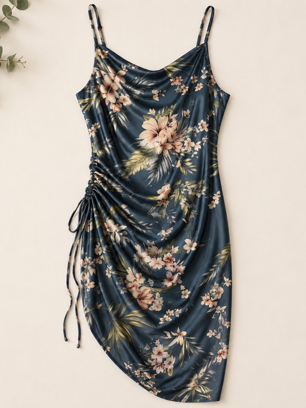 Blue Floral Asymmetrical Ruched Slip Dress XL Tropical Satin Look Midi Dress